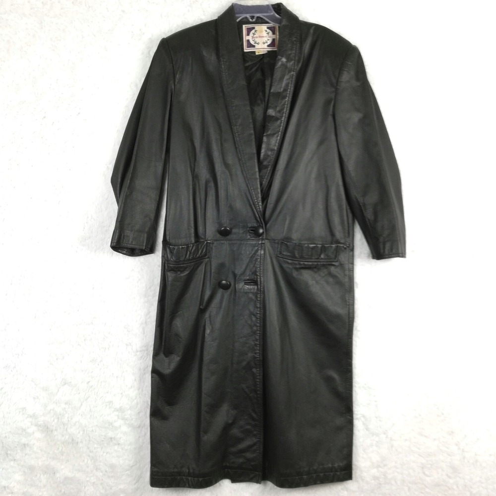 Paris Sport Club Womens‎ Coat Leather Trench Black Long Double Breasted Button M